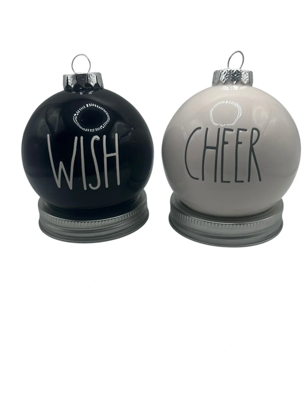 Rae Dunn Artisan Collection Holiday 'Wish' 'Cheer' Glass Ornaments Black White